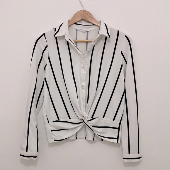 Sweet Rain Tops - Sweet Rain Striped Long Sleeve Button Down Twisted Front Top Blouse Size…